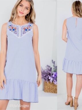 BE YOU TIFUL 100% Cotton Blue Pinstriped Embroidered Sleeveless Ruffle-Hem Dress